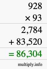 How to calculate 928 times 93 using long multiplication