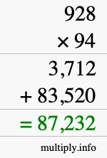 How to calculate 928 times 94 using long multiplication