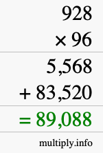How to calculate 928 times 96 using long multiplication