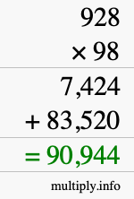 How to calculate 928 times 98 using long multiplication