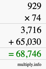 How to calculate 929 times 74 using long multiplication