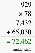 How to calculate 929 times 78 using long multiplication