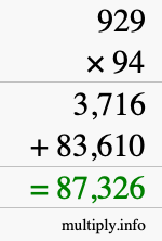 How to calculate 929 times 94 using long multiplication