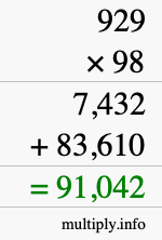 How to calculate 929 times 98 using long multiplication