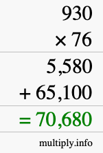 How to calculate 930 times 76 using long multiplication