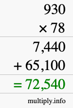 How to calculate 930 times 78 using long multiplication