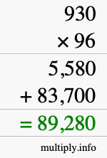 How to calculate 930 times 96 using long multiplication