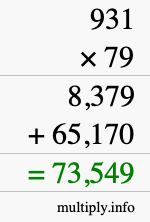 How to calculate 931 times 79 using long multiplication