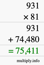 How to calculate 931 times 81 using long multiplication