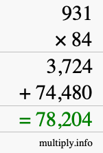 How to calculate 931 times 84 using long multiplication