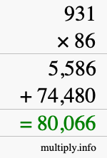 How to calculate 931 times 86 using long multiplication