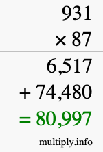 How to calculate 931 times 87 using long multiplication