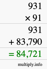 How to calculate 931 times 91 using long multiplication