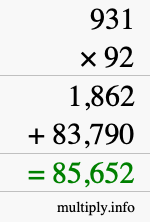 How to calculate 931 times 92 using long multiplication