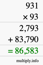 How to calculate 931 times 93 using long multiplication