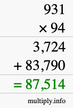 How to calculate 931 times 94 using long multiplication