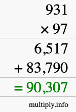 How to calculate 931 times 97 using long multiplication