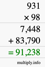 How to calculate 931 times 98 using long multiplication