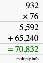 How to calculate 932 times 76 using long multiplication