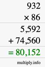 How to calculate 932 times 86 using long multiplication