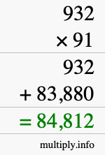 How to calculate 932 times 91 using long multiplication