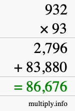 How to calculate 932 times 93 using long multiplication