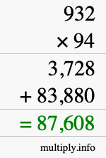 How to calculate 932 times 94 using long multiplication
