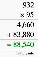 How to calculate 932 times 95 using long multiplication