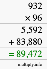 How to calculate 932 times 96 using long multiplication