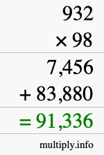 How to calculate 932 times 98 using long multiplication