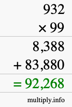 How to calculate 932 times 99 using long multiplication