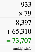How to calculate 933 times 79 using long multiplication