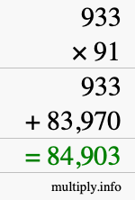 How to calculate 933 times 91 using long multiplication