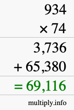 How to calculate 934 times 74 using long multiplication