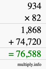 How to calculate 934 times 82 using long multiplication