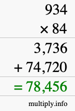 How to calculate 934 times 84 using long multiplication