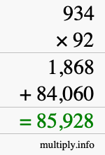 How to calculate 934 times 92 using long multiplication