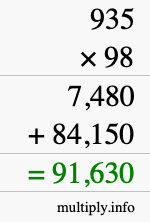How to calculate 935 times 98 using long multiplication