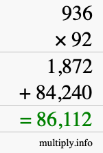 How to calculate 936 times 92 using long multiplication