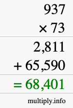 How to calculate 937 times 73 using long multiplication