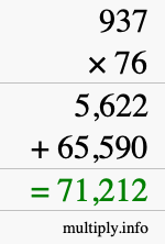 How to calculate 937 times 76 using long multiplication