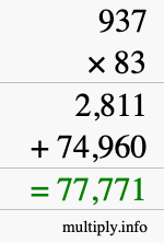 How to calculate 937 times 83 using long multiplication