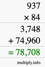 How to calculate 937 times 84 using long multiplication