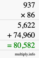 How to calculate 937 times 86 using long multiplication