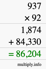 How to calculate 937 times 92 using long multiplication