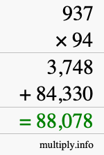 How to calculate 937 times 94 using long multiplication