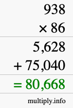How to calculate 938 times 86 using long multiplication