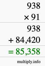 How to calculate 938 times 91 using long multiplication