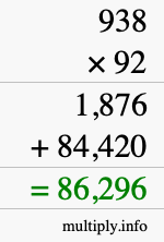 How to calculate 938 times 92 using long multiplication