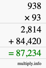 How to calculate 938 times 93 using long multiplication